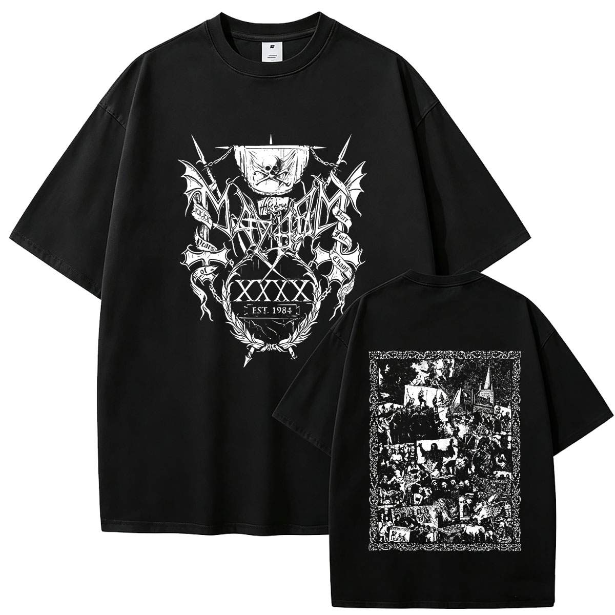 Crossfit Mayhem - Herren-T-Shirt „Mayhem EST.1984“ mit Black-Metal-Band-Grafik, Retro-Death-Metal-Print,